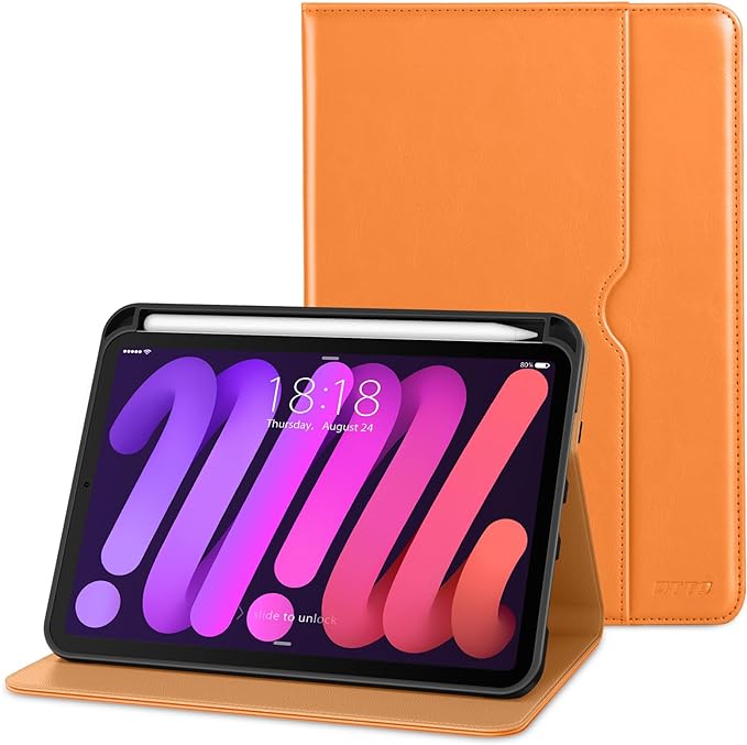 DTTO for iPad mini 7th (A17 Pro) 2024/iPad Mini 6th Generation Case 2021 8.3 Inch, Premium Leather Business Folio Stand Cover for Mini 7/6 with Pencil Holder-Multiple Viewing Angles, Orange