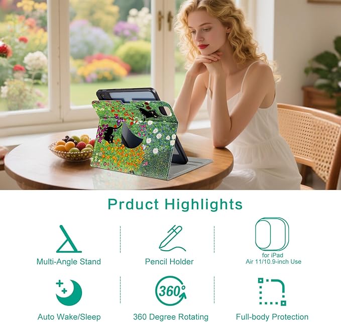 Rotating iPad Air 11-inch Case M4/M3/M2, Case for iPad Air 5th/4th Generation 10.9 Inch,360 Degree Swivel Multi-Angle Adjustable Stand with Pencil Holder for iPad Pro 11-inch case Flowers Garden Cat