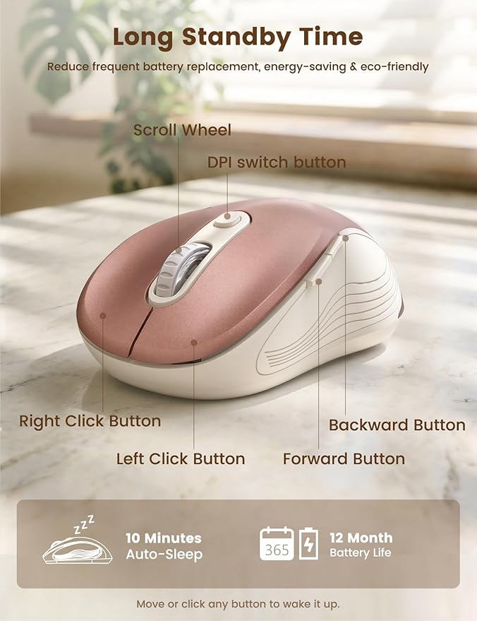 WisFox 2.4G Wireless Mouse for Laptop, Ergonomic Computer Mouse with USB Receiver and Type-C Adapter, 3 Adjustable Levels DPI, 6 Button Cordless Wireless Mice (Rose Gold)