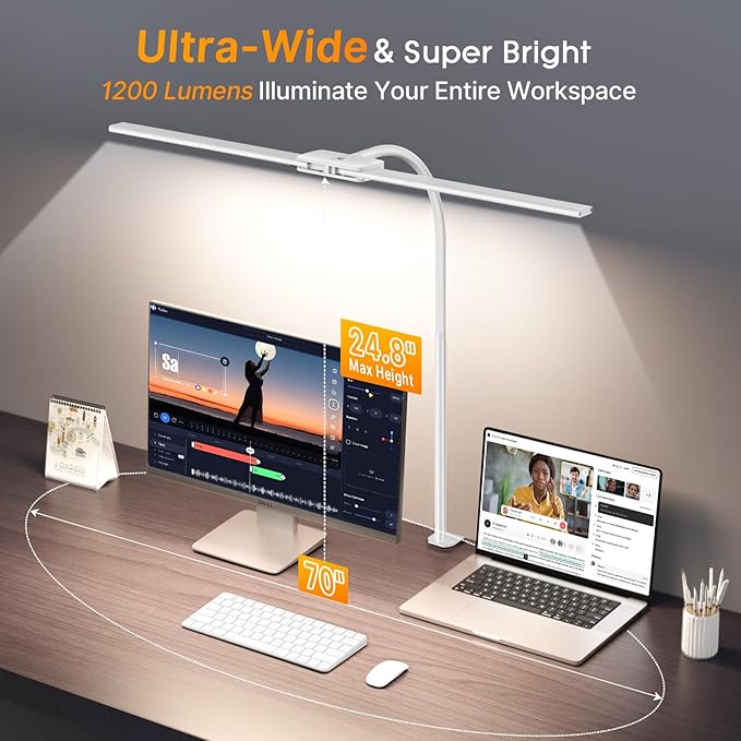 Syrinx LED Desk Lamp, Dual Head Desk Light with Clamp, 50 Lighting Modes Eye-Caring Table Lamp, Flexible Gooseneck Task Light with Motion Sensor, Wired Control, Timer & Memory Function for Home Office