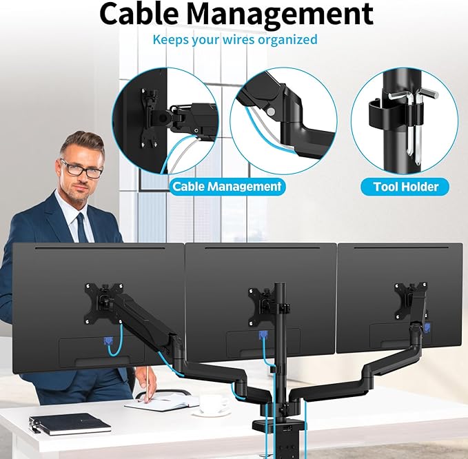 MOUNTUP Triple Monitor Mount for 17-32 inch Screens, Full Motion Triple Monitor Stand, 3 Monitors Desk Mount Holds 4.4-19.8 lbs Each, Clamp & Grommet Mounting, Black