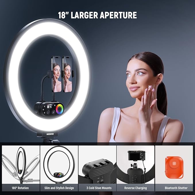 NEEWER RL45C 18" Edge Lit 45W RGB LED Ring Light with Phone Tripod Stand Remote CRI95+ 3100lux/0.5m 2500K–10000K 360° Full Colors App/2.4G Control Compatible with iPhone Selfie Makeup Video Recording