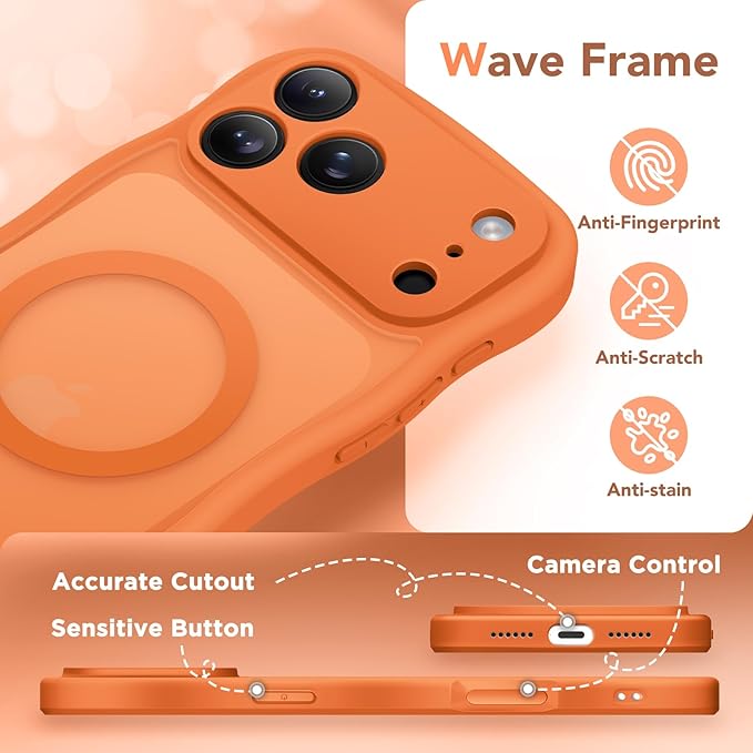 CAPRARO Magnetic for iPhone 17 Pro Case for Women Girls, Upgraded [Full Camera Protection] [Compatible with MagSafe] Cute Wave Translucent Matte Phone Case for iPhone 17 Pro, Cosmic Orange