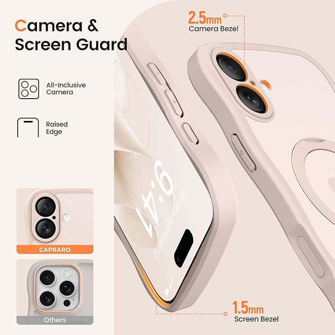 CAPRARO for iPhone 16 Plus Case with 360° Spin Magnetic Stand for Women, [Compatible with MagSafe] [Full Camera Protection] Cute Wave Translucent Matte Case for iPhone 16 Plus, Pink Gold
