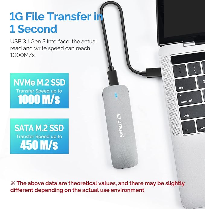 ELUTENG M.2 SSD Enclosure NVME SATA Dual Protocol SSD to USB Adapter Aluminum USB C 3.2 Gen 2 10Gbps PCIe M and B&M Keys External Solid State Drive Case Max 4TB for 2230/ 2242/ 2260/ 2280 SSDs