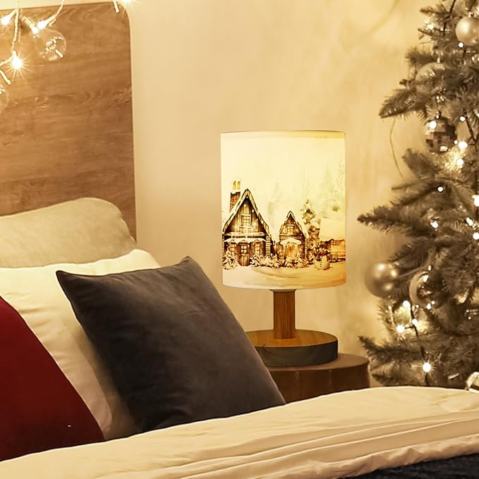 VIHOSE Christmas Table Lamp Indoor Vintage Lamp Shades Small Christmas Lamp Shade Linen Fabric Nightstand Shade Lamp Santa Night Light Christmas Desk Decorations for Bedroom Home Decor