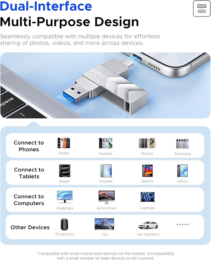 ORICO 32GB USB C Flash Drive, USB 3.2 Gen 1 Dual Drive 150MB/s, Zinc Alloy Thumb Drive with USB-A & USB-C for iPhone 16/15/17 Series, MacBook, Android Phone, iPad, PC, Laptop, Travel & Data Storage