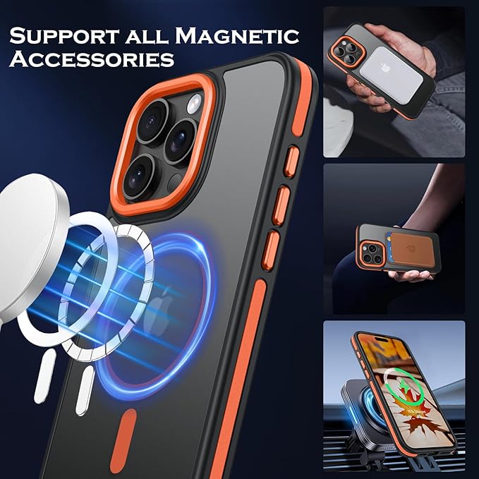 YINLAI Case for iPhone 16 Pro Max, Magnetic Case [Compatible with Magsafe] Supports Wireless Charging Slim Translucent Matte Men Women Shockproof Protective Back Phone Cover 6.9 Inch, Black/Orange