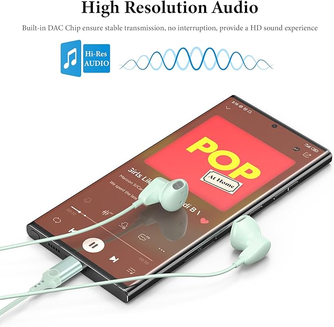 USB C Headphones for iPad A16/iPhone 17 Pro Max 16 15 Plus, HiFi Stereo Type C Earphones USB-C Wired Earbuds with Mic Volume Control for Samsung S26/S25 S24/S23/S22/S21/Pixel 10 9 8 7 6 Pro, Mint