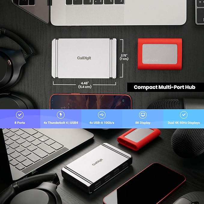 CalDigit Thunderbolt 4 Element Hub - Universal Multi-Port Hub, 4X Thunderbolt 4/USB4 Ports, 4X USB 3.2 Gen2 10Gb/s Ports, Up to Single 8K or Dual 4K 60Hz Displays, 60W Charging with 0.8m Cable