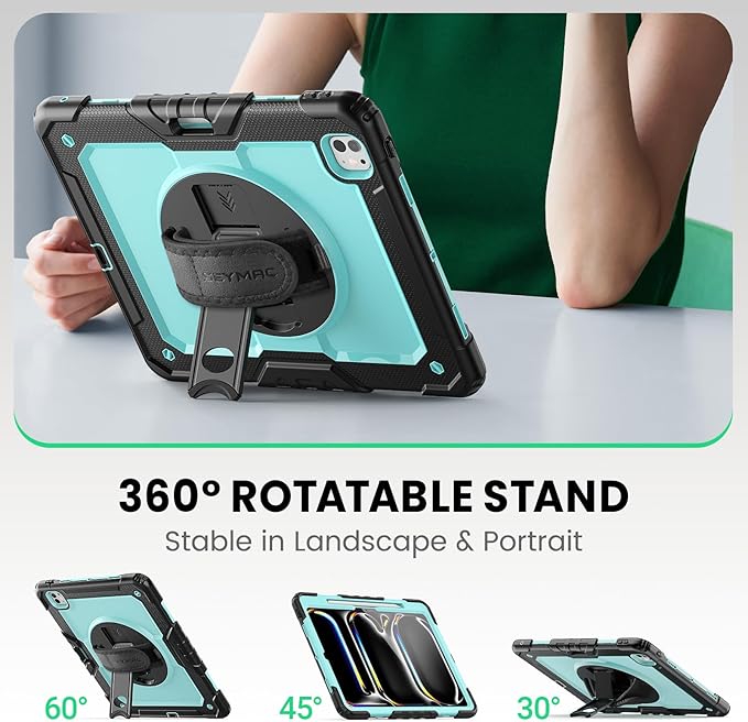 SEYMAC Case for iPad Pro 13 Inch M5 2025 / M4 2024, Heavy Duty Shockproof Protective Case with Screen Protector, 360° Rotating Stand, Hand/Shoulder Strap and Pen Holder, Light Blue