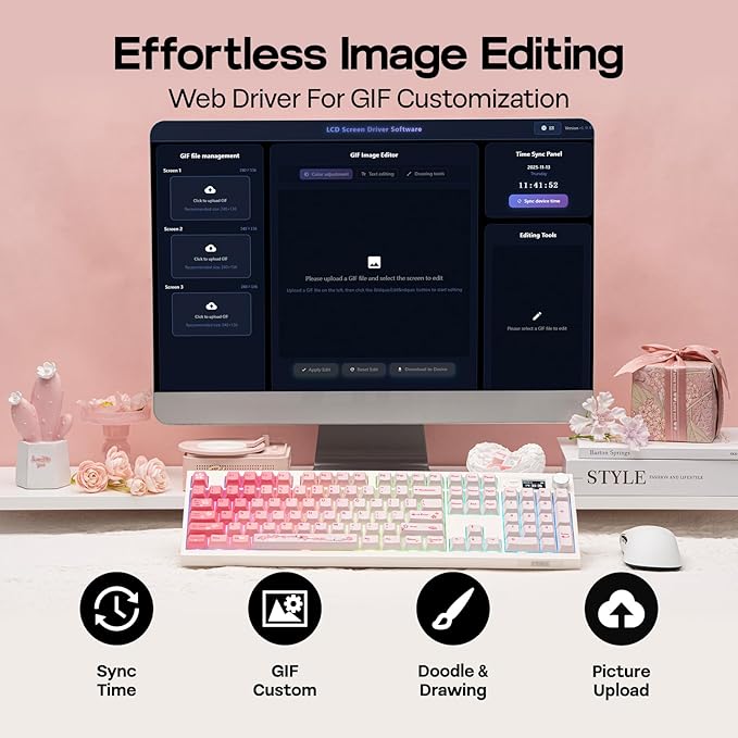 EPOMAKER QK108 Full Size Mechanical Keyboard with Screen & Knob, 8000mAh, Creamy&Thocky, Gasket, RGB Backlit, Mac Keycap, Wireless Gaming Keyboard for Mac/Win (Pink, Sea Salt Silent)