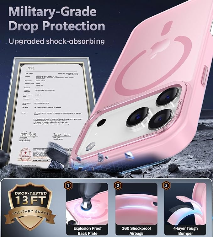 Newfuture Magnetic for iPhone 17 Pro Case [Compatible with Magsafe] [Military Grade Drop Protection] Translucent Matte Anti-Scratch Shockproof Protective Phone Cover 6.3 Inch, Chalk Pink
