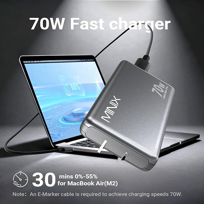 MINIX 70W Flat USB C Wall Charger Block, Slim & Flodable Dual Type C GaN Charger Plug Fast Charging for iPhone 17/16/15 Series, MacBook Air, iPad Pro, Galaxy S25/S24, Pixel 10/9, Steam Deck