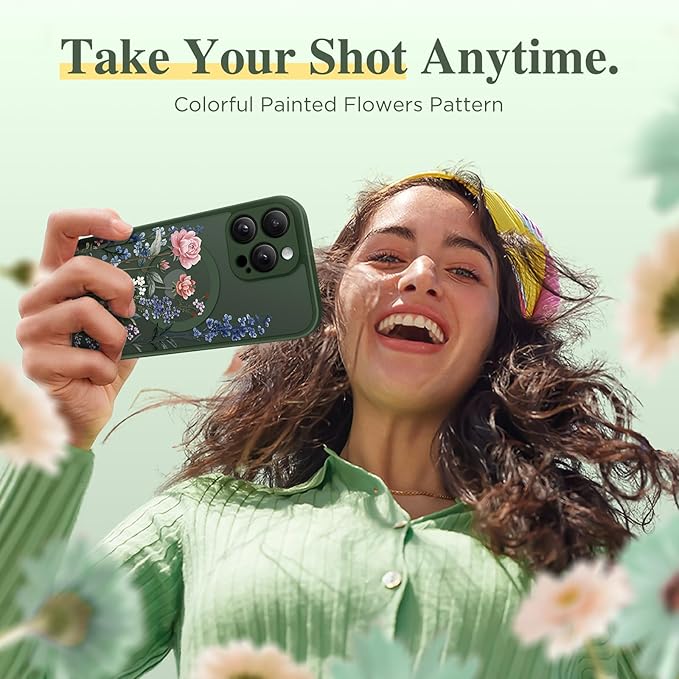 GVIEWIN for iPhone 16 Pro Case Compatible with MagSafe, [Military Grade Protection] [Screen Protector] Full Camera Protection Floral Translucent Women Magnetic Phone Case, Lush Garden/Forest Green