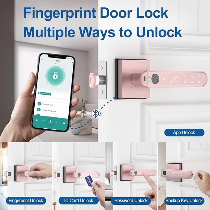 BIWIBON Fingerprint Door Lock, 5 in 1 Finger Print Door Knob with Smart APP/Fingerprint/IC Cards/Password/Backup Keys, Smart Door Knob with Keypad for Bedroom, Office, Apartment, Rose Gold