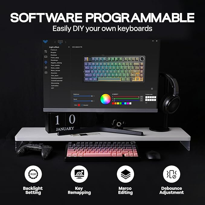 MechLands Aula F75 PRO 75% Wireless Gaming Keyboard, Gasket Mechanical Custom Keyboard with Five-Layer Padding, BT/2.4GHz/USB-C, Hot Swappable, Knob, RGB, Reaper Switches (Black Pink)