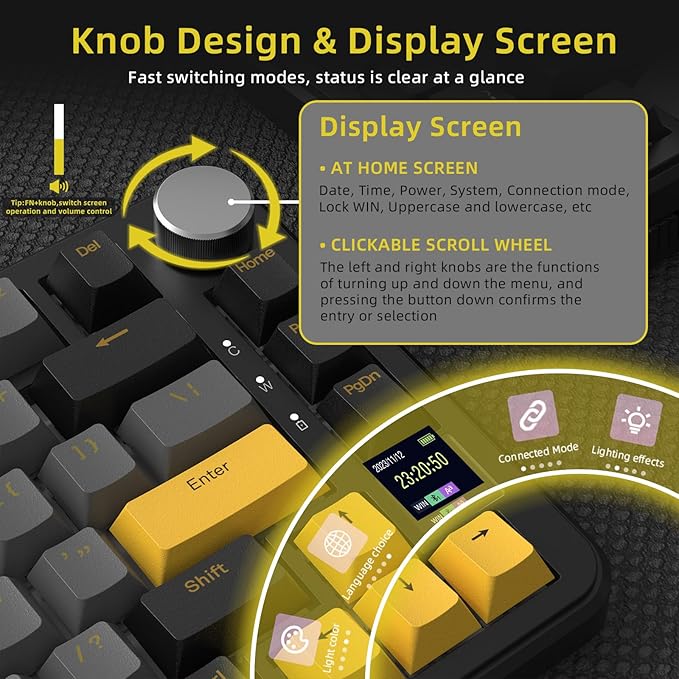 Yindiao X85PRO Wireless Mechanical Keyboard with TFT Screen Display&Knob, TKL 82 Keys BT/2.4GHz/USB-C Wired Hot Swappable Custom Keyboard,Gasket Structure,NKRO RGB Backlit Gaming Keyboard for PC