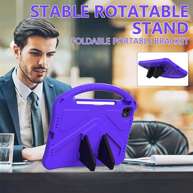Kids Case for iPad Air 11 inch M4/M3/M2 (2026/2025/2024) with Pencil Holder/Shockproof Handle/Kickstand/Slim Lightweight Soft EVA Foam Folio Stand Tablet Protective Girls Boys Cover, Purple