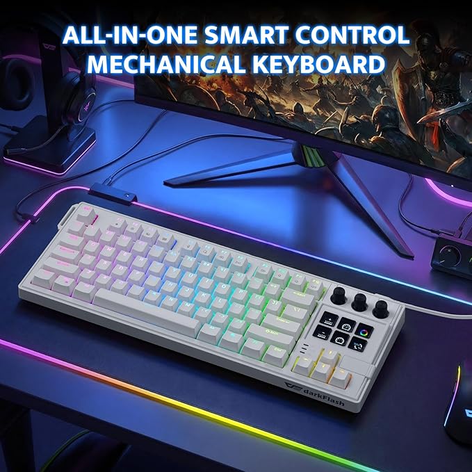 darkFlash K87PRO TKL Mechanical Keyboard with 6 LCD Stream Control Keys & 3 Media Knobs – Gasket Mount, Hot-Swappable RGB Gaming & Streaming Macro Keyboard for PC & Mac (White)