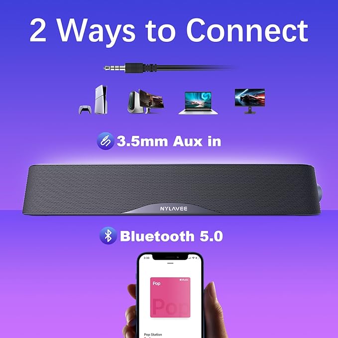 Nylavee Computer Speakers, Hi-Fi Stereo Computer Sound Bar with Bluetooth & 3.5mm Aux, USB/USB-C Powered for Desktop PC, Laptop & Monitor, Built-in Mic and Headphone Jack