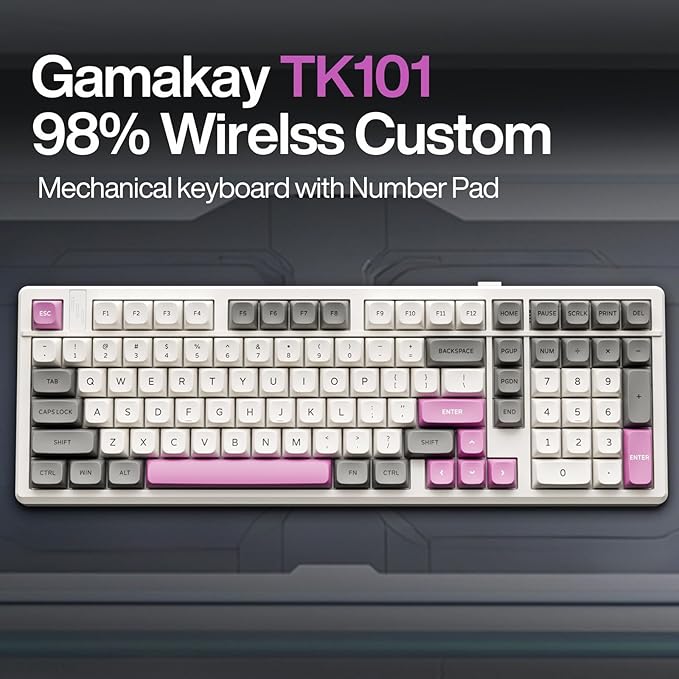 GK GAMAKAY TK101 98% Mechanical Keyboard with Number Pad, Hot Swappable, Pre-lubed Linear Switches, Tri-Mode Bluetooth/2.4GHz/USB-C 101 Keys RGB Backlit Gaming Keyboard (White&Gray, Saturn Swicth)