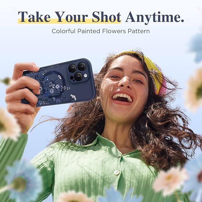 GVIEWIN for iPhone 16 Pro Case Compatible with MagSafe, [Military Grade Protection] [Screen Protector] Full Camera Protection Floral Translucent Women Magnetic Phone Case, Floratopia/Blue