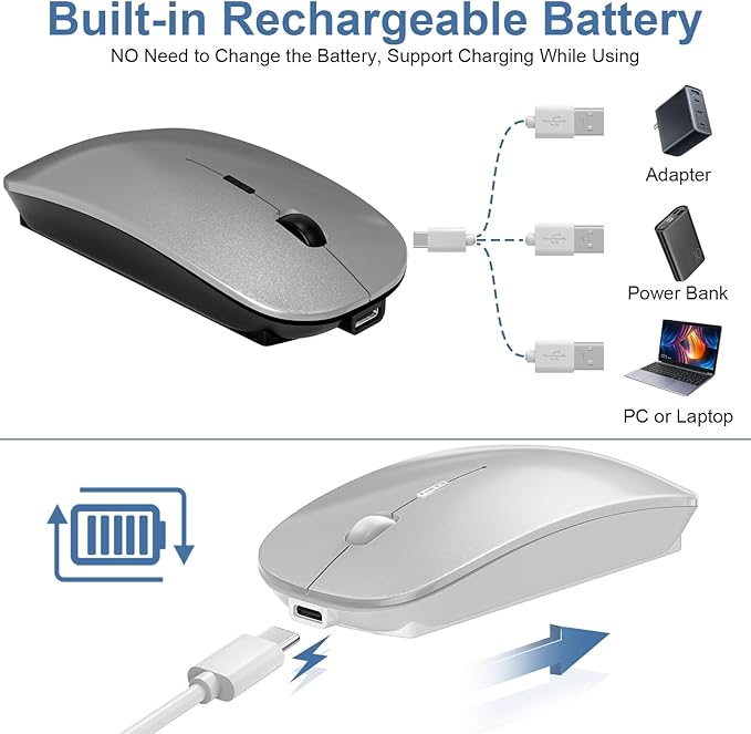 Kovess Wireless Bluetooth Mouse for Mac Air MacBook Pro Laptop PC Pad Optical Rechargeable Silent Mouse with Jiggler Mode Dual Mode Switch Bluetooth 5.2/3.0 and 2.4G USB-A & USB-C Receiver Rose Gold