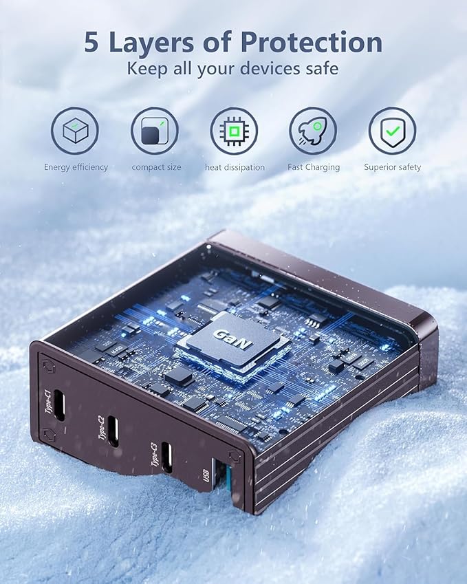 ACOUCOU 100W USB C Charger, 4-Port GaN Fast Charging Foldable Compact Laptop Charger Power Adapter for MacBook, Ipad, iPhone, Galaxy S24 Ultra, Steam Deck, Google Pixelbook and More