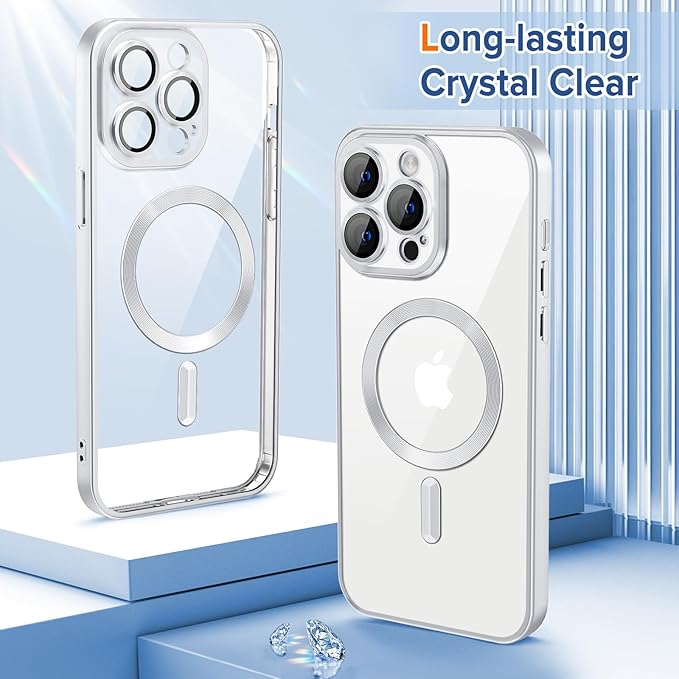 Hython Magnetic Clear for iPhone 14 Pro Max Case with Camera Lens Protector [Compatible with MagSafe] Plating Edge Slim Soft TPU Cover Protective Phone Case for iPhone 14 Pro Max 6.7", Matte Silver
