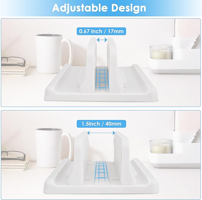 Vertical Laptop Stand [New Version: Two More Rubber Pads & Hex Key Storable Design] ABS Plastic Adjustable Dock up to 15 inch PC Desk Space Saver for MacBook/Surface/iPad/mini PC (White)