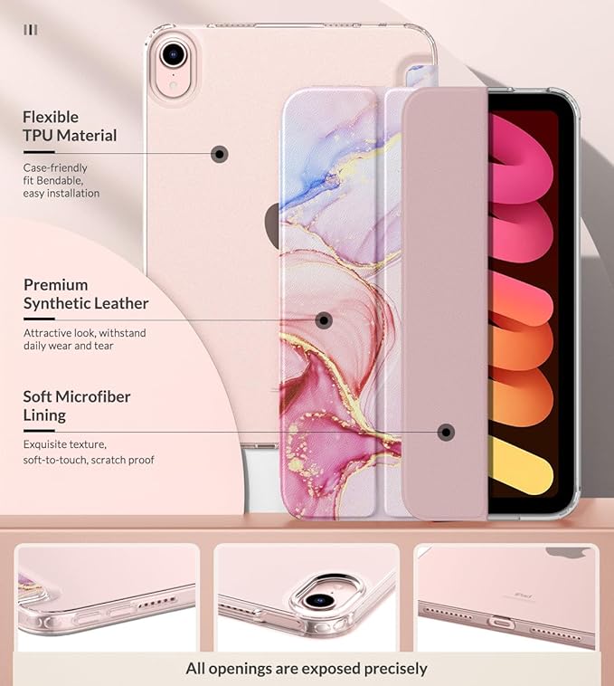 MoKo Case Fit New iPad mini 7 (A17 Pro) 2024, iPad mini 6th Generation Case 2021 (8.3-inch), iPad mini 6 Case, Soft TPU Translucent Frosted Back Cover Case for iPad mini 7th, Light Pink Gold Marble