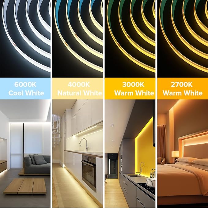 BTF-LIGHTING FCOB COB LED Strip Flexible High Density Uniform Light 9W/m 16.4FT DC12V Natural White 4000K CRI 90+ 8mm Width Dimmable LED Ribbon for Indoor Decor(No Adapter or Controller)