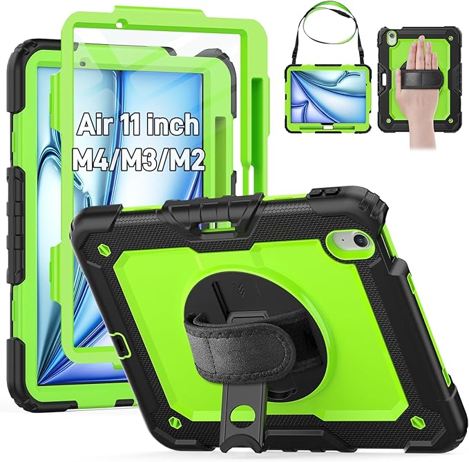 HXCASEAC Rugged Case for iPad Air 11 inch M4 M3 M2 (2026 2025 2024), Heavy Duty Protective Design with Pencil Holder, Screen Protector, Rotating Stand, Hand Strap, for iPad Air 11 Hard Case (Green)