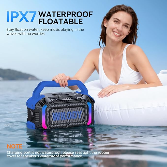 Wilody Speakers Bluetooth Wireless, 100W Loud Outdoor Speaker with Bass, IPX7 Waterproof Floatable, 20H Playtime, Wireless Charge, TWS, RGB Light, Portable Speaker for Work, Garage, Outdoor (Blue)