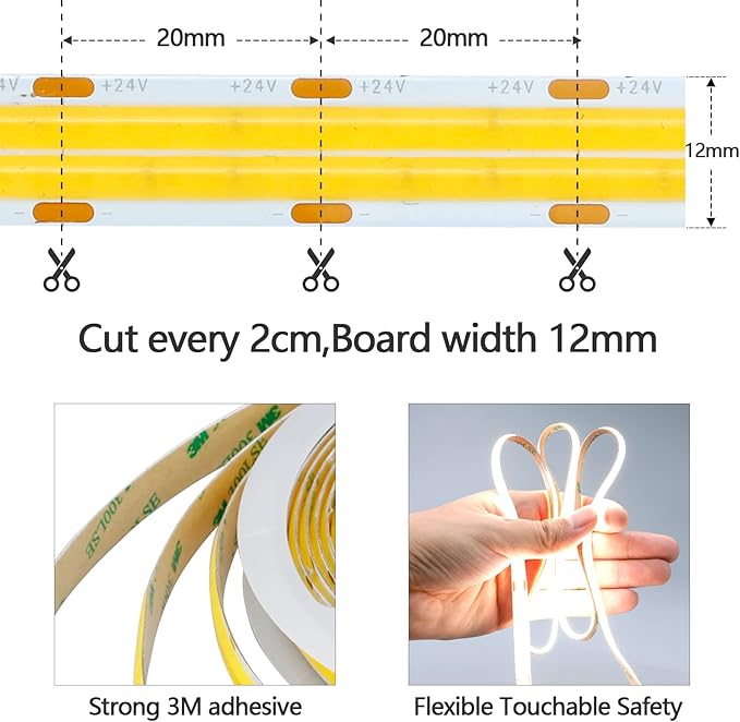 GOMING 32.8ft(10M) 24V Double Row COB LED Strip Light Natural White 4000K 6000LED CRI 93+ 20000lm Uniform Glow Dotless IP20 Not Waterproof Flexible LED Tape Lights for DIY Home Decor(No Power Supply)