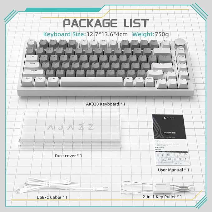 Attack Shark ajazz AK820 75% Mechanical Gaming Keyboard with Knob Hot Swappable Custom Gasket Mounted Keyboard USB-C Wired White LED Linear HP Red Switch for PC/Win/Mac