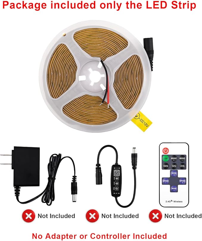 COB LED Strip Lights DC 12V LED Lights Flexible Super Bright LED Strips, 5Pack 16.4FT 6000K Cool White CRI 90+, 480LEDs/m High Density Uniform Light fo Home Room Decor (No Adapter or Controller)
