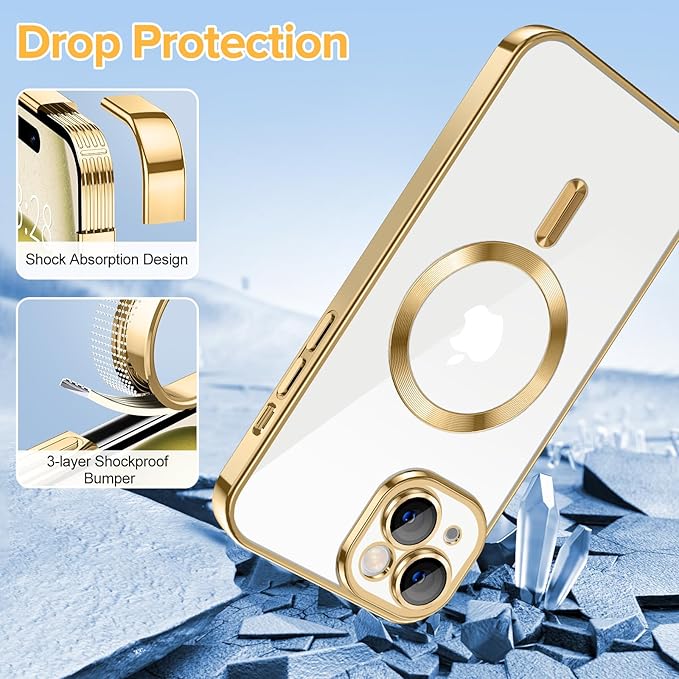 Hython Magnetic Clear for iPhone 15 Case with Camera Lens Protector [Compatible with MagSafe] Luxury Plating Edge Slim Soft TPU Cover Protective Phone Case for iPhone 15 6.1", Gold