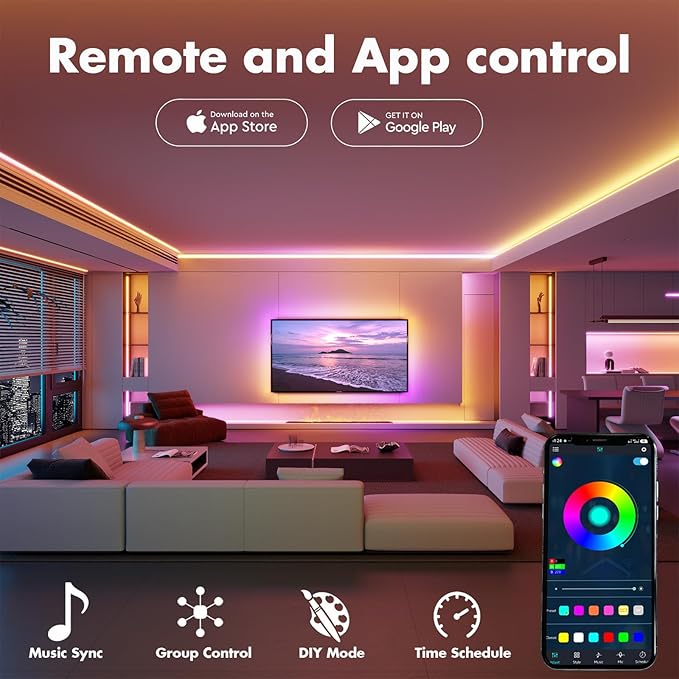 Led Lights for Bedroom 32.8FT Smart IC+RGB, Music Sync Color Changing Strip Lights, 24Key Remote+App Control Light Strip for BedHead,Underbed,Ceiling,Background Wall