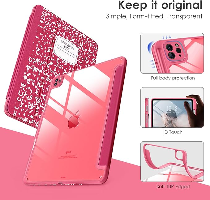 VIKESI for iPad Pro 11 Inch 4th/3rd/2nd/1st Generation Case, iPad Air 11-inch / 5th / 4th Generation Case with Clear Back,Pencil Holder,Auto Sleep/Wake,Camera Protection,Red Book