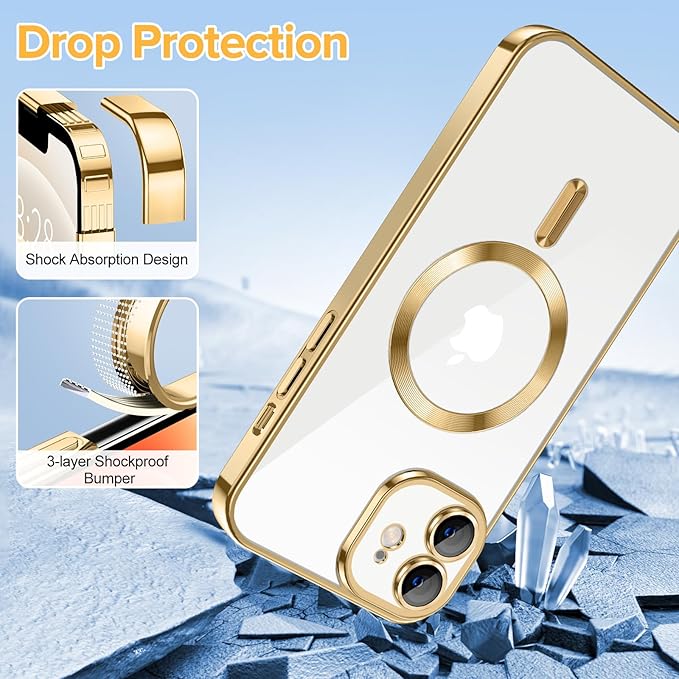 Hython Magnetic Clear for iPhone 12 Case with Camera Lens Protector [Compatible with MagSafe] Luxury Plating Edge Slim Soft TPU Cover Protective Phone Case for iPhone 12 6.1", Gold