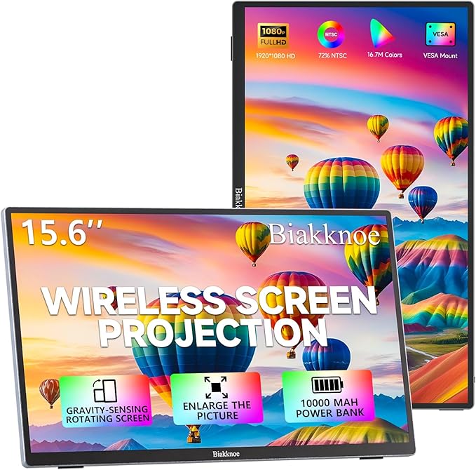 Wireless Portable Monitor with Power Bank, Supports AirPlay/Miracast, 15.6" 1080P Portable Screen Extender, Wireless Casting&Auto-Rotation, Dual Monitor for Laptop/Mac/Switch/Phone/PC