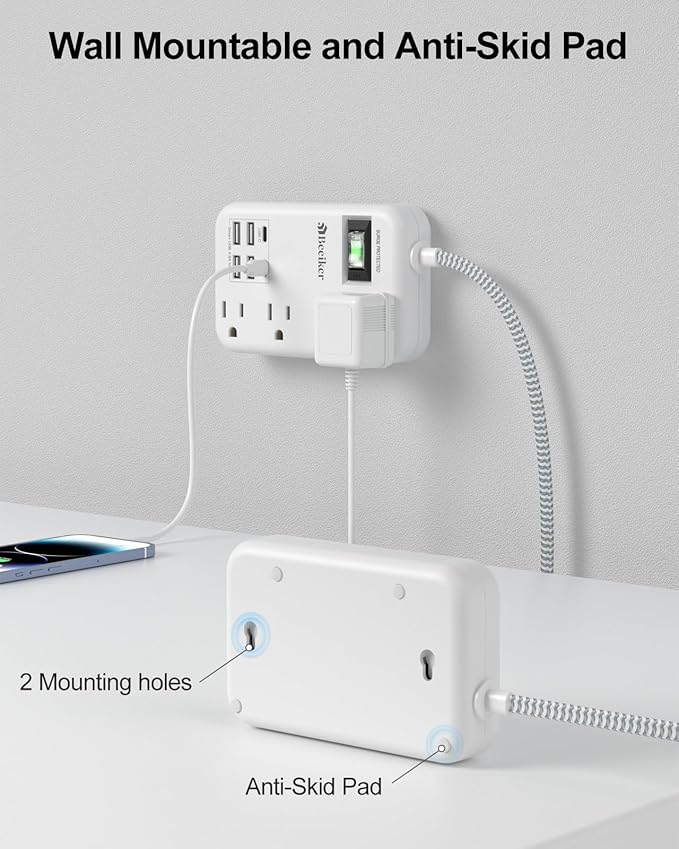 6 USB(2 USB C) Surge Protector Power Strip- 15 Ft Extension Cord with 6 USB Charging Station and 4 Outlets, Flat Plug Long Braided Extension Cord with Multiple Outlets Wall Mount for Home Office Dorm
