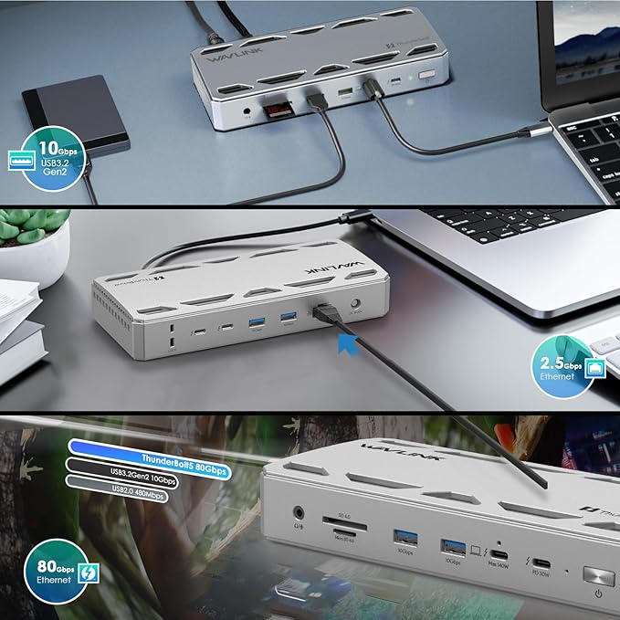 WAVLINK Intel Certified Thunderbolt 5 Dock, 12-in-1 TB5 Docking Station with 120Gbps Max Transfer, 140W PD, 2.5G Ethernet, 4X USB-A 3.2 Gen 2, SD4.0, for Windows 11/Mac OS 14.6 or Later TB5/4 Laptops