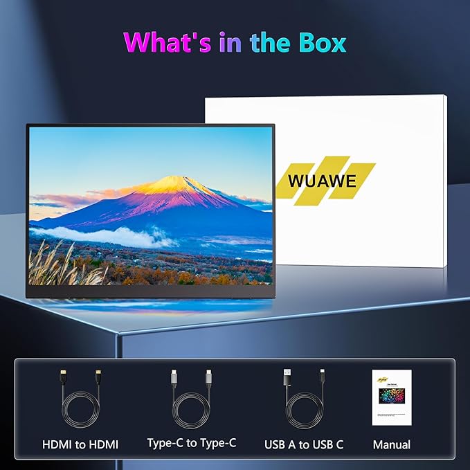 WUAWE Portable Monitor 14" Kickstand Portable Monitor for Laptop, Ultra Slim Built-in 180° Adjustable Stand, Second Screen for Laptop, Desktop, Tablet, Phone, Xbox, PS4/PS5, GEEKOM.