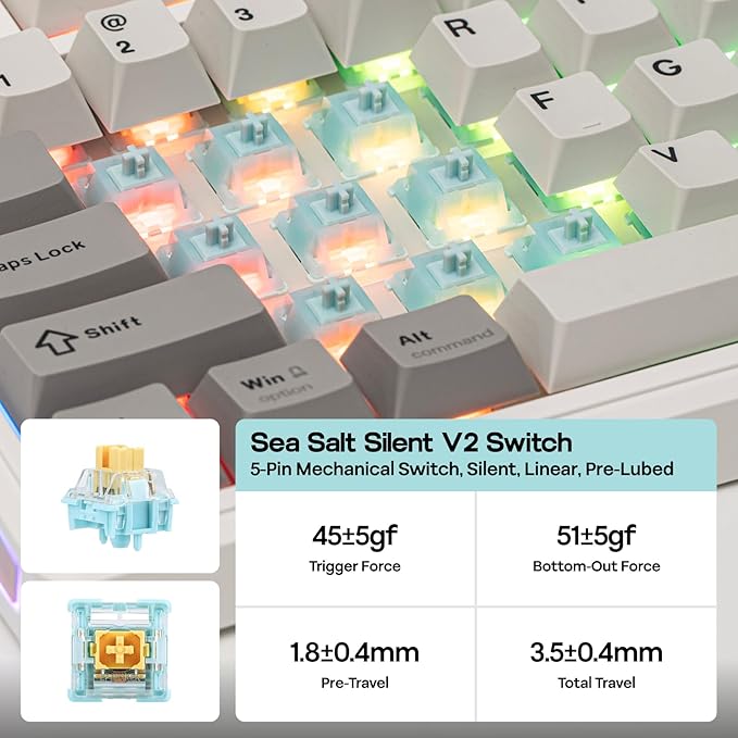 EPOMAKER TH80 V2 75% Wireless Mechanical Keyboard with Metal Knob, 8000mAh, 2.4Ghz/BT/USB-C, RGB, Hot Swap, Custom Driver, PBT Keycap, Wireless Gaming Keyboard for PC/Mac (White, Sea Salt Silent)