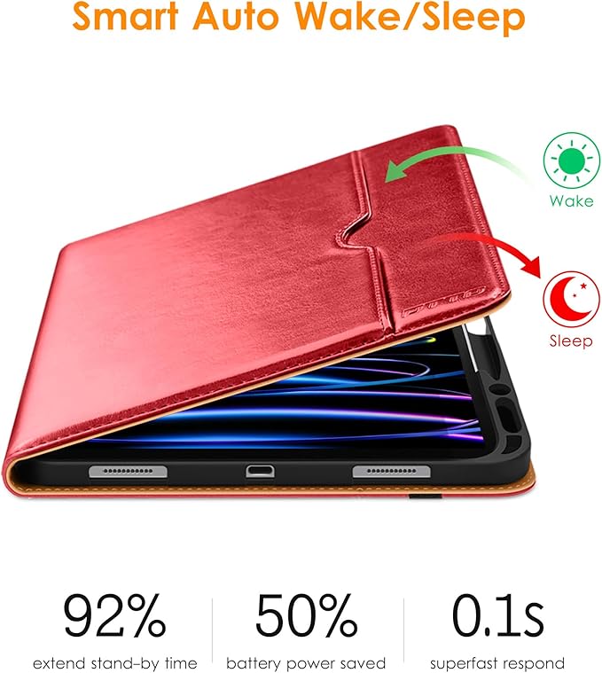 DTTO for iPad Pro 12.9 6th / 5th / 4th / 3rd Generation Case 2022/2021/2020/2018,Premium Leather Folio Stand Cover with Built-in Apple Pencil Holder -Auto Wake/Sleep and Multi Viewing Angles,Red