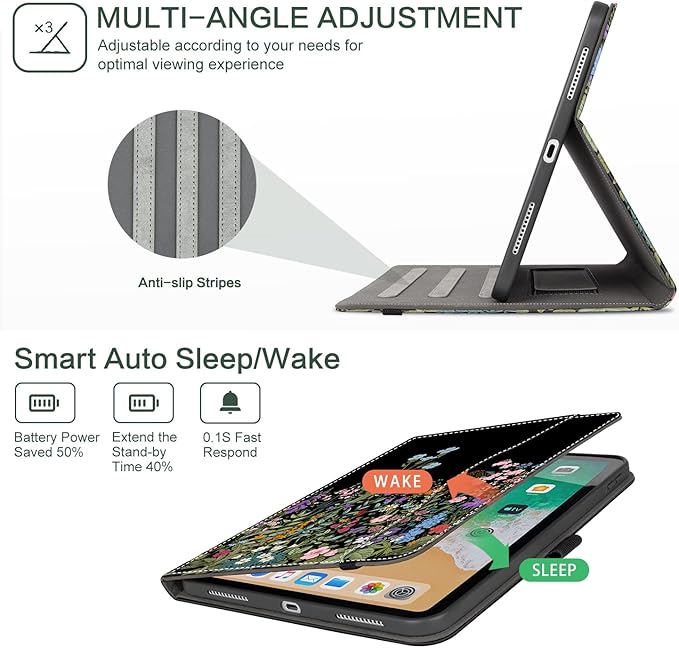 for iPad (A16) 11Th/10Th Generation Case 2025/2022, for iPad Case 11Th/10Th Generation, 10Th/11Th Gen iPadCase Cover Pencil Holder/Hand Strap/Pocket/Adjustable Stand, Black Flower Floral