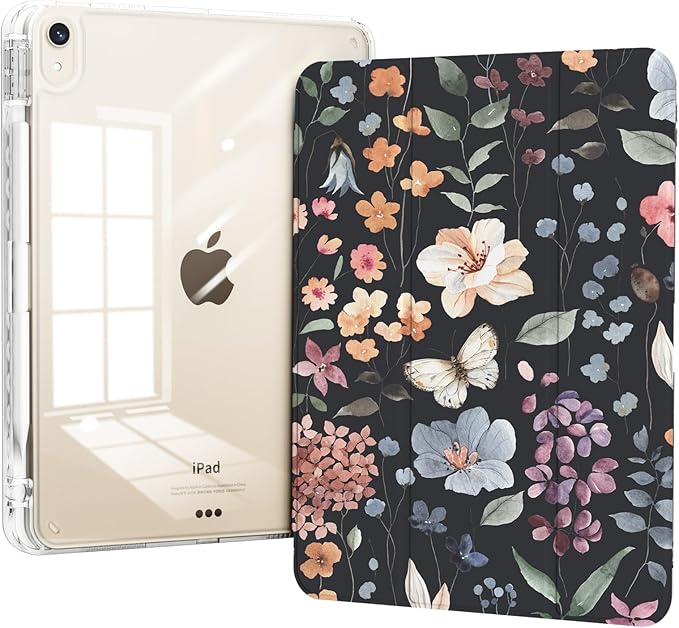 Case for iPad mini 7 2024 (A17 Pro)/ iPad mini 6 (2021), iPad 8.3-inch 7th/6th Generation Case, Trifold Stand Protective Slim Clear Back Cover with Pencil Holder, Black Floral